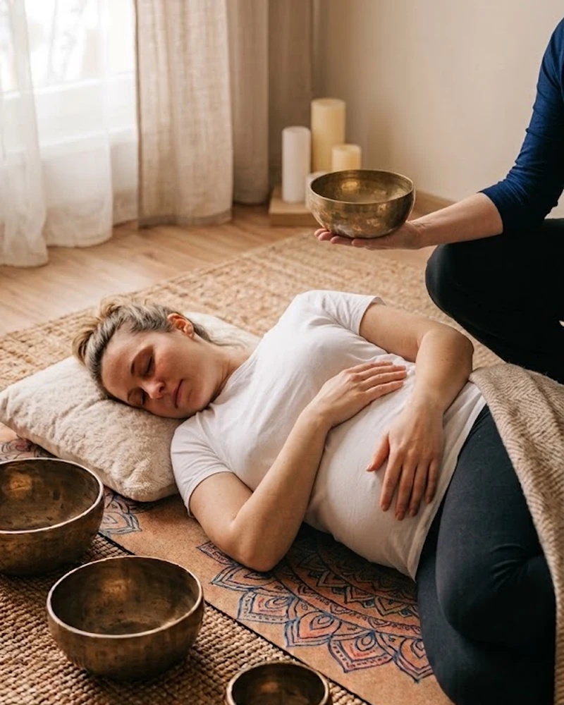 Sound Healing pre tehotné - tehotná žena leží počas zvukovej terapie, terapeut drží misku nad bruškom